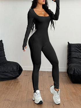 Square Neck Long Sleeve Active Jumpsuit